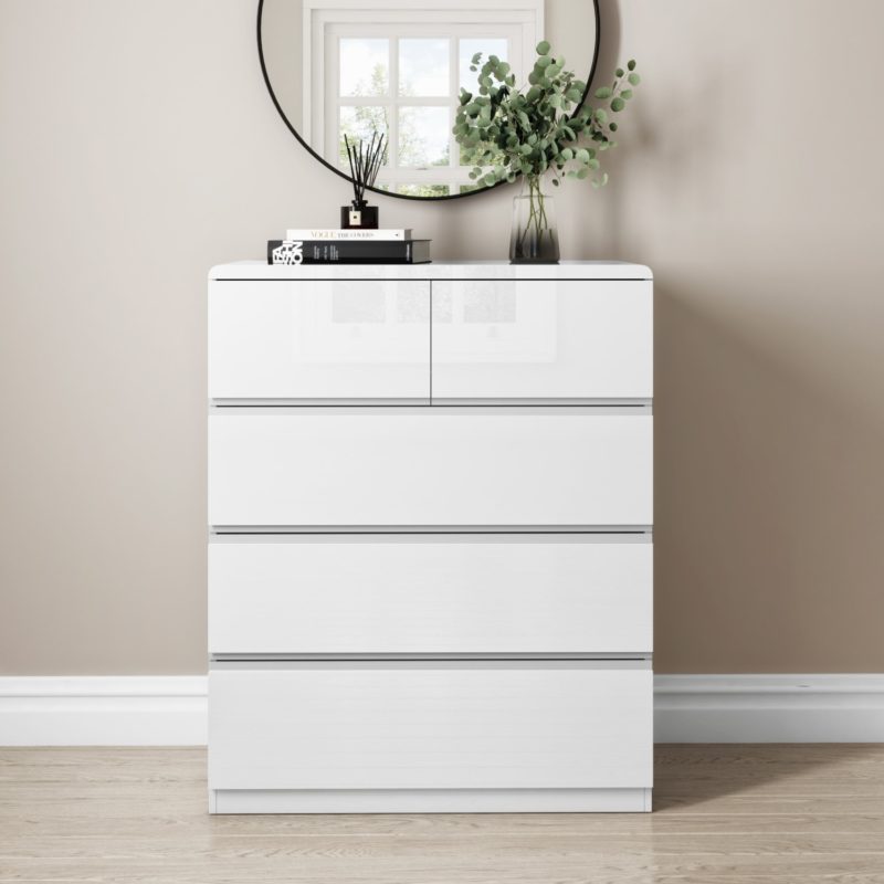 White Gloss Narrow Chest of 5 Drawer's - Divine Furniture