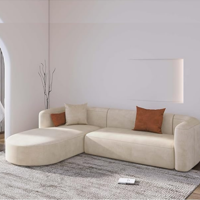 Luxury Modern L-Shaped Sectional Sofa with Chaise – Cream Velvet Upholstery