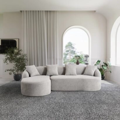 Modern Curved L-Shaped Sectional Sofa with Chaise – Soft Grey Upholstery