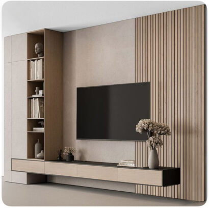 TV Unit with Wood Wall Panel and Cabinet - Modern Living Room Furniture