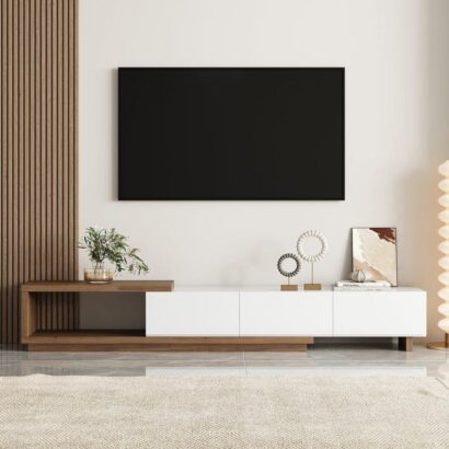 Modern TV Stand with Cladding - Retracted & Extendable 3-Drawer Media Console Walnut