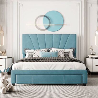 Velvet Upholstered Bed with Fan Headboard