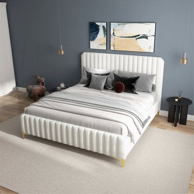 Cream Upholstered Bed with Vertical Channel Headboard