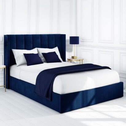 Navy Velvet Upholstered Bed with Tall Headboard
