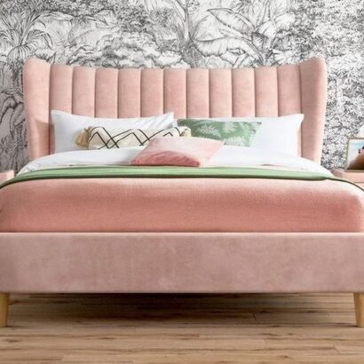 Pink Velvet Bed with Wingback Headboard