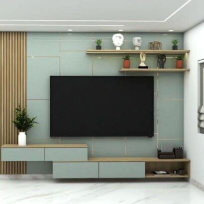 EARTHLINE™ Pastel Floating TV Unit with Vertical Wood Slats & Shelves