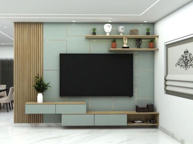 EARTHLINE™ Pastel Floating TV Unit with Vertical Wood Slats & Shelves