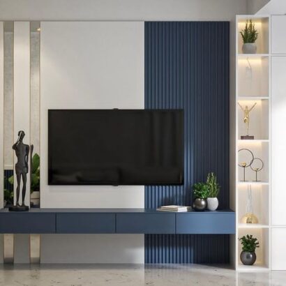 NAVIPANEL™ Modern Floating TV Unit with Blue Accent & LED Shelving