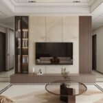 STONELUX TV Wall Unit with Marble Panel & Glass Bookshelf