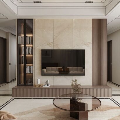 STONELUX TV Wall Unit with Marble Panel & Glass Bookshelf