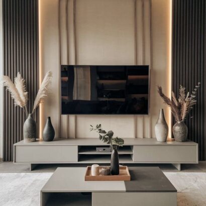TERRAFLUTE Modern Earth-Tone TV Wall Unit with LED Accent Panels
