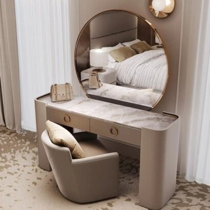 Veyona Luxury Marble Top Dressing Table with Round Mirror