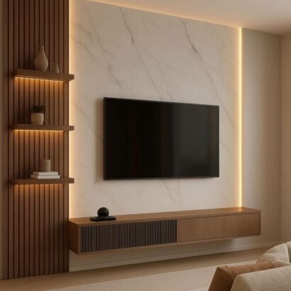 Lumera Wall Mounted TV Unit with Marble Panel and LED Lighting