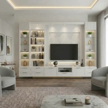 9 Drawers White TV Wall Unit with Storage Shelves